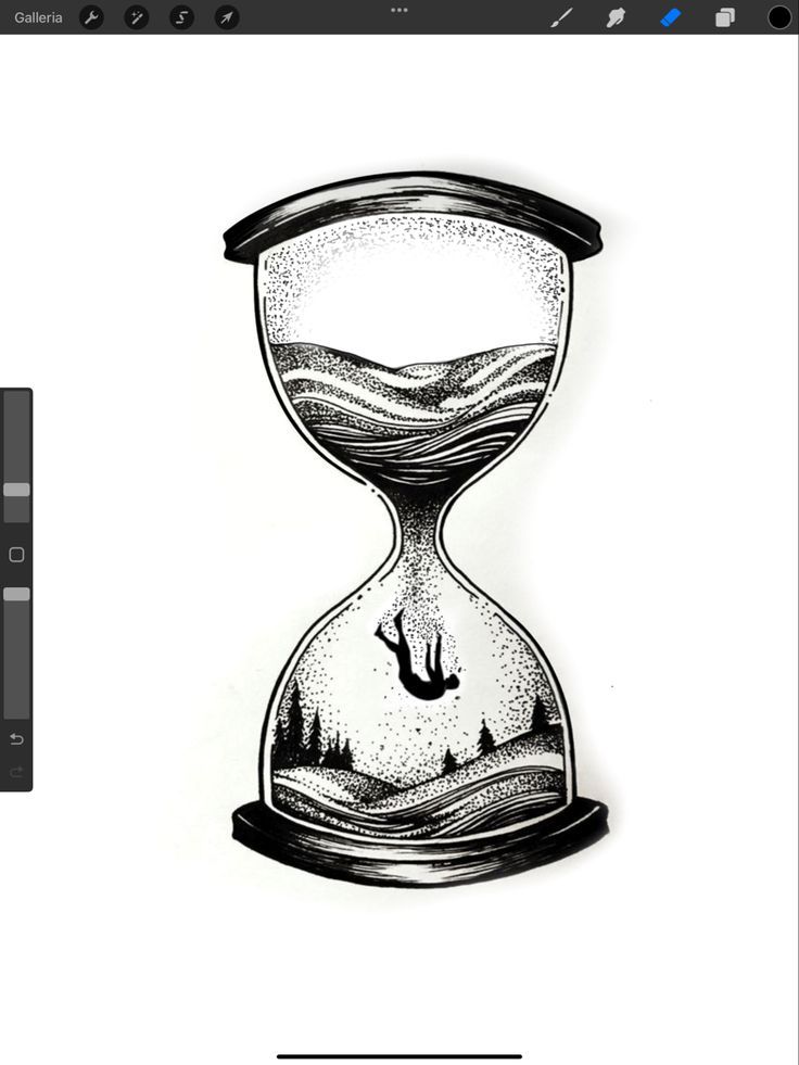 a drawing of an hourglass with trees and mountains in the sand under it on a white background