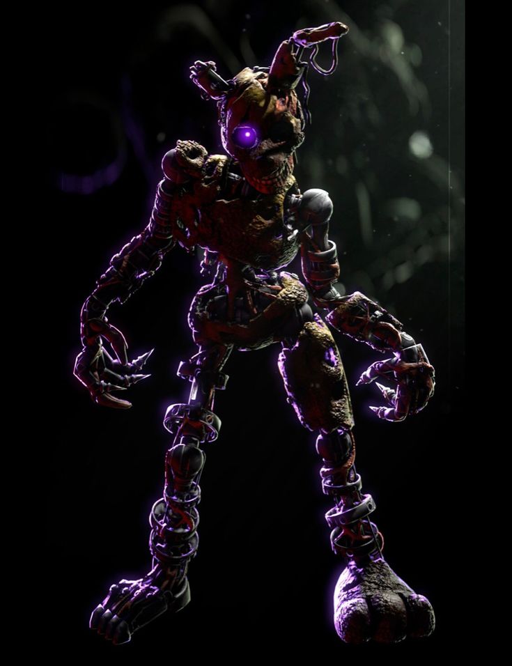 an animated character with purple lights on his face and arms, standing in front of a black background