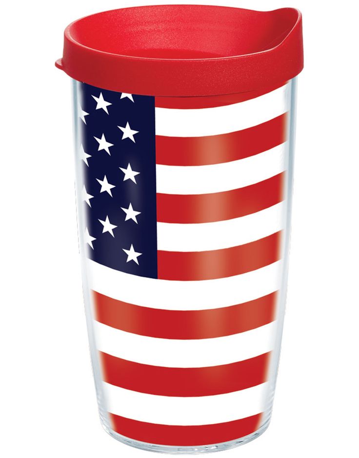 an american flag tumbler cup with red lid and stars on the side, sitting in front of a white background