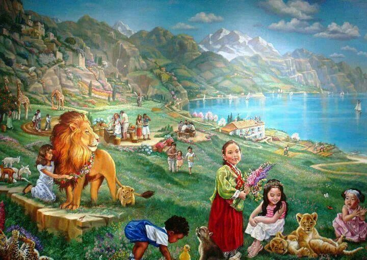 a painting of children playing in the grass with animals and other things around them,