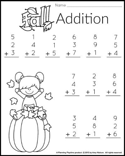 the fall addition worksheet for kids