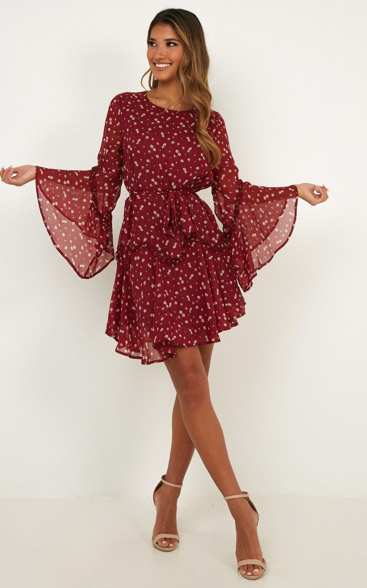 Red Bell Sleeve Dress For Spring, Bohemian Fitted Mini Dress With Bell Sleeves, Fitted Floral Print Dress With Bell Sleeves, Fall Floral Print Long Sleeve Mini Dress, Spring Floral Print Mini Dress With Bell Sleeves, Yellow Floral Dress, Next Dresses, Snake Print Dress, Paisley Print Dress