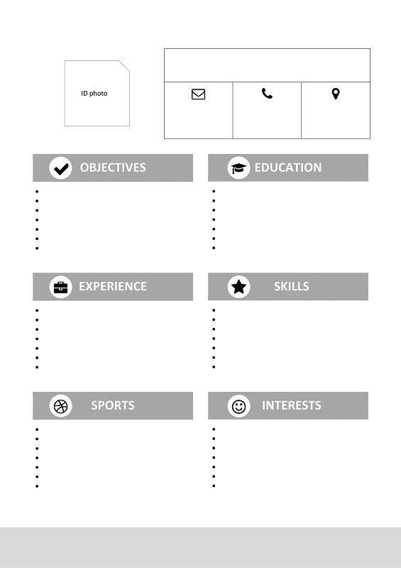 a white and gray resume with icons on the front, side, and back sides