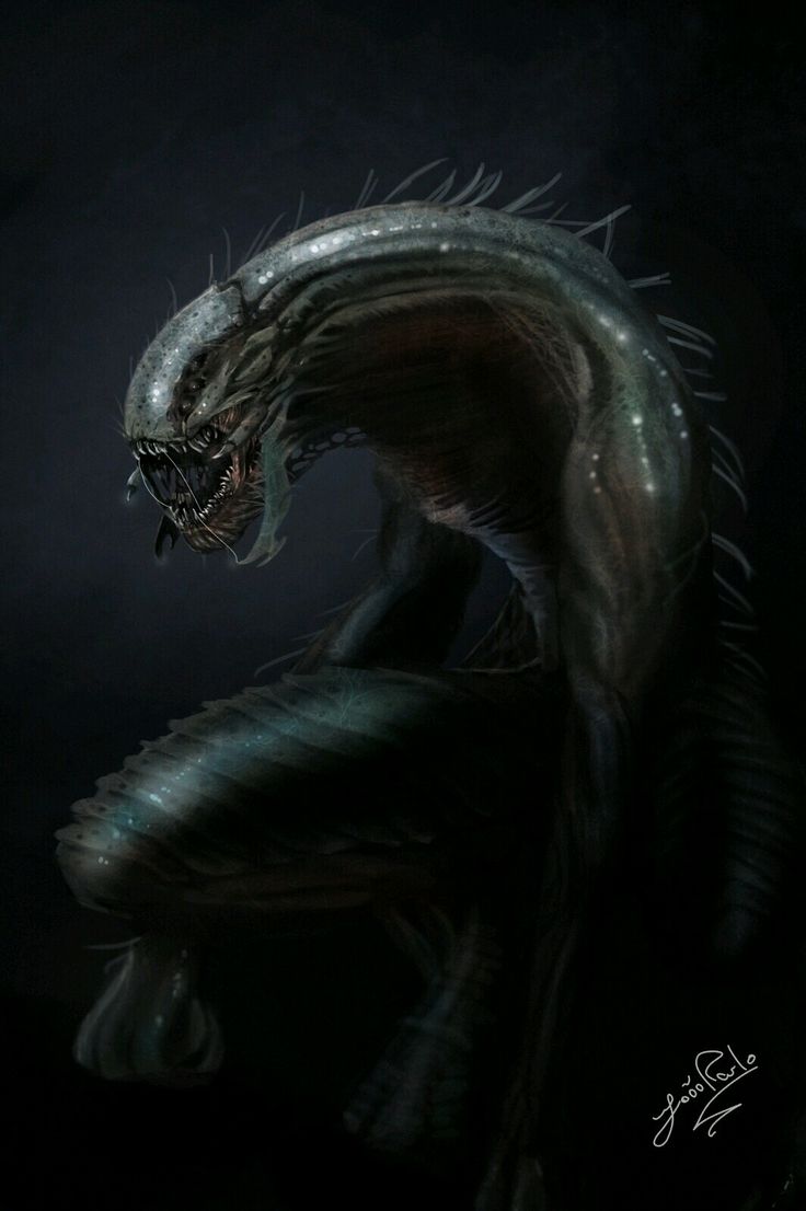 an alien creature with spikes on it's head is shown in this dark background