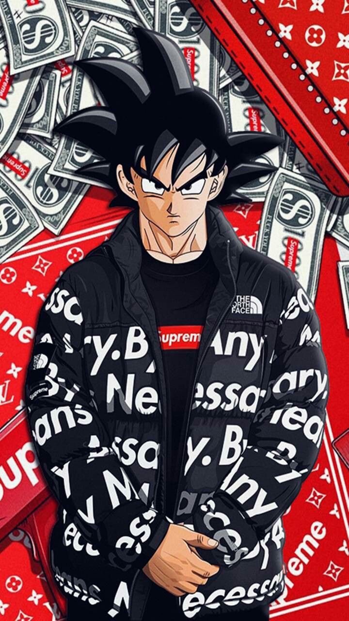 an anime character is standing in front of money