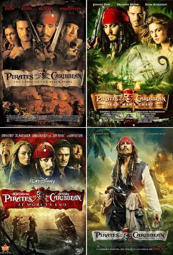 four movie covers for pirates of the caribbean and pirates of the black pearl, pirate of the