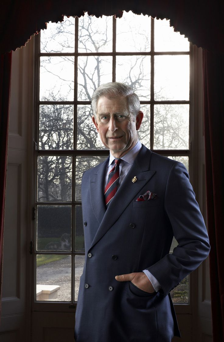 a man standing in front of a window wearing a blue suit and red striped tie