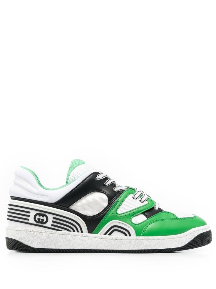 green/black/white panelled design logo print to the side round toe front lace-up fastening logo patch at the tongue flat rubber sole Women's Gucci sneakers fit large. For the most comfortable fit please select half a size down. Green High-top Sneakers With Medium Fit, Green High-top Sneakers Medium Fit, Green High-top Sneakers, Green Sneakers With Logo And Round Toe, Green High-top Sneakers With Logo, Green Round Toe Sneakers With Logo, Green Logo Sneakers For Streetwear, Green Leather Basketball Shoes, Green Sporty Basketball Shoes With Branded Insole