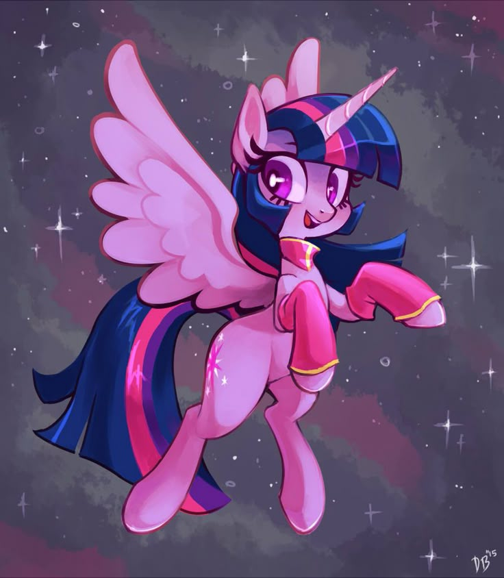 the pinkie pony is flying through the air with her wings spread out and stars in the background