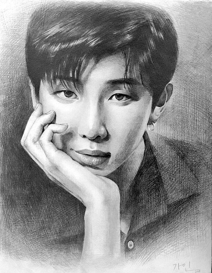 a pencil drawing of a young man with his hand on his chin, looking to the side