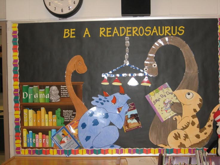 there is a chalkboard with animals and books on it that says be a readeosaurusus