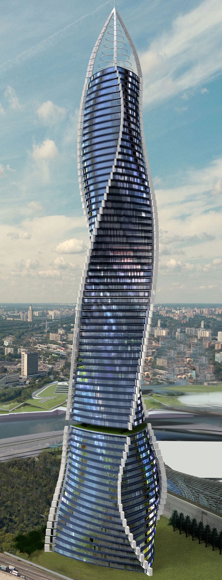 an artistic rendering of a futuristic building in the sky