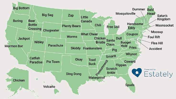 a map of the united states with names and cities in green, including two locations