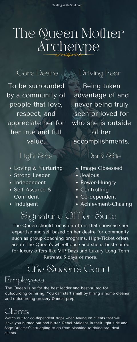 an advertisement for the queen mother archetye, featuring a woman in black dress