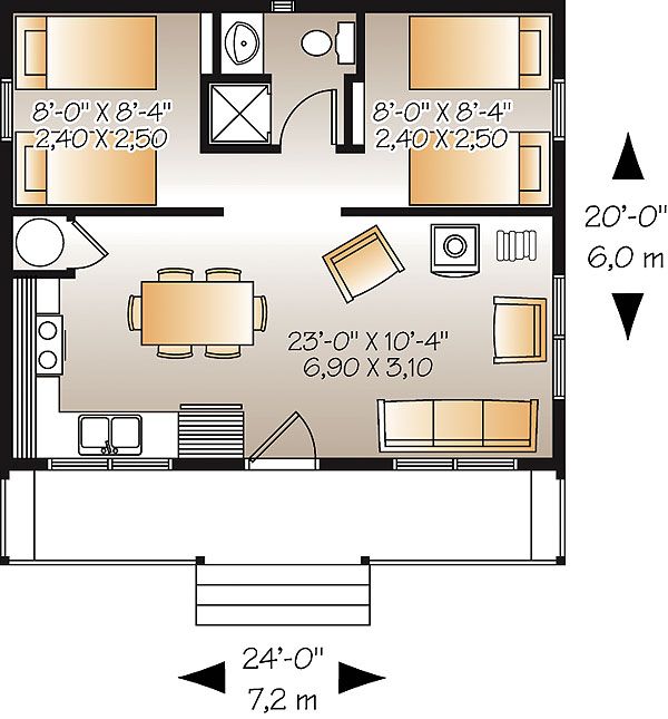 the floor plan for a small cabin with two beds and one living room, is shown