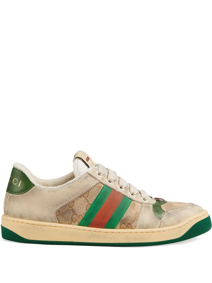 Influenced by classic trainers from the '70s, the Screener sneakers—named for the defensive sports move—feature the Web stripe on the side and vintage Gucci logo, treated for an allover distressed effect. A pastiche of different influences that span across decades, the Pre-Fall 2019 collection continues to reference old school shapes and materials inspired by vintage sportswear. Gucci Screener, Gucci Sneakers, Louis Vuitton Designer, Low Top Sneakers, Urban Style, Sneaker Collection, Gucci Men, Vintage Logo, Green Leather