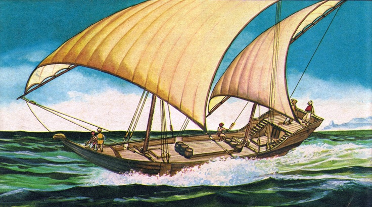 a painting of a sailboat in the middle of the ocean with people on it