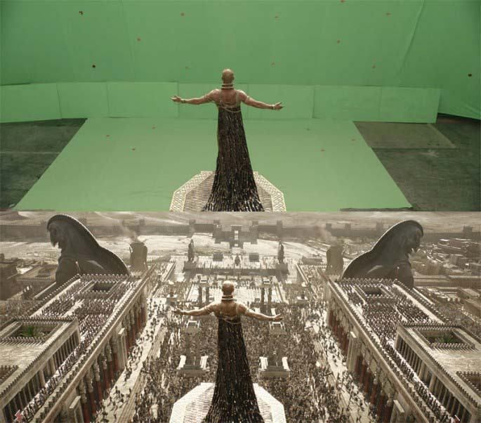 a woman standing in front of a green screen with her arms spread out to the side