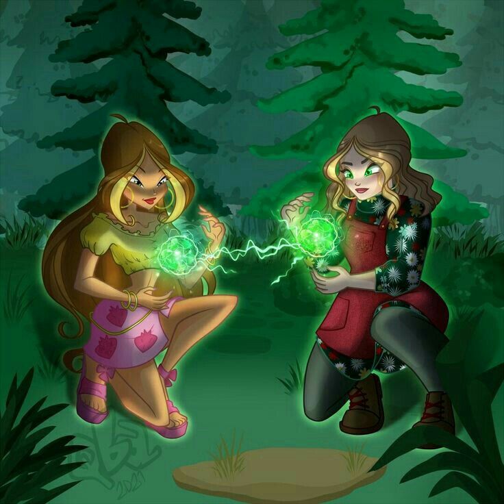 two girls in the woods with green lights