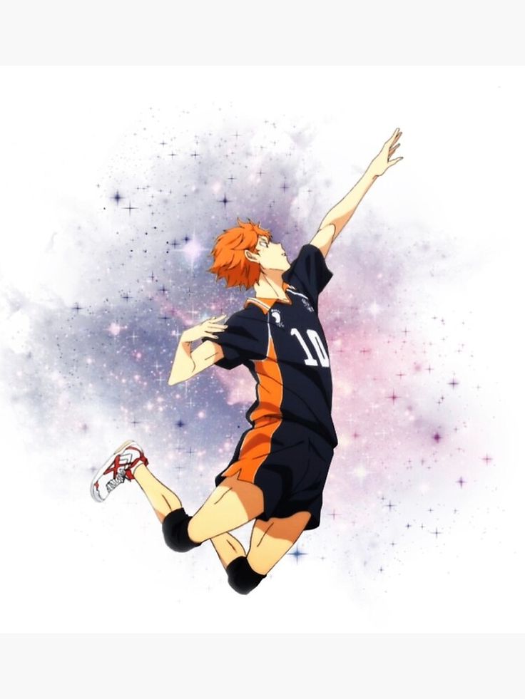 an anime character is jumping up in the air with his arms out and legs spread wide