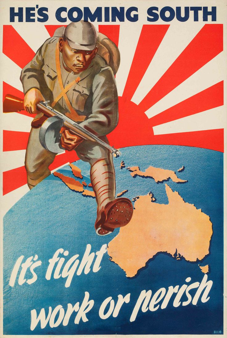 WW2, poster, He's coming south, 1942, Japan, Australia, propaganda #warposter #ww2 #propaganda Wwii Propaganda Posters, Ww2 Propaganda Posters, Ww2 Propaganda, Wwii Propaganda, Ww2 Posters, Wwii Posters, Military Poster, Recruitment Poster, Propaganda Poster