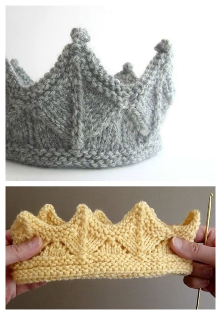 crocheted crown made from two different yarns, one is yellow and the other is gray