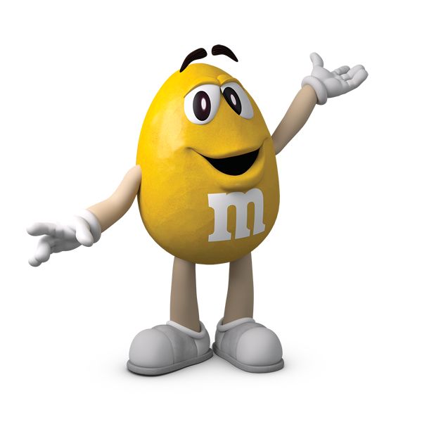 a yellow m & m's mascot with his arms and legs spread out to the side