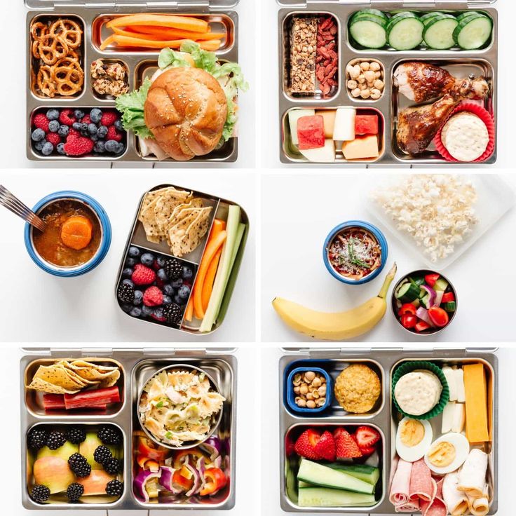 four pictures show different types of food in trays, including fruit, vegetables and crackers