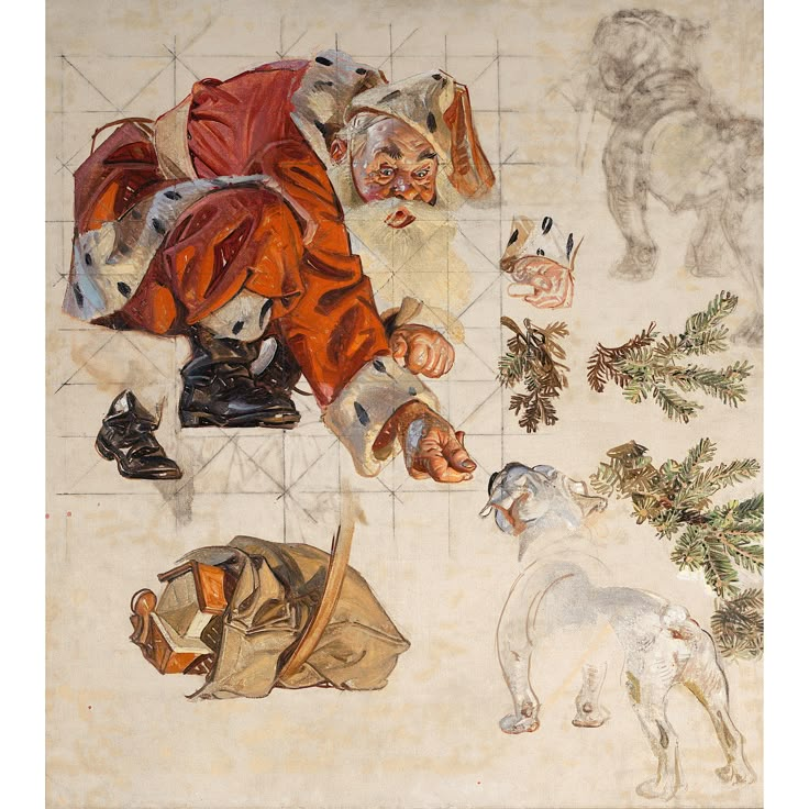 an old painting with dogs, cats and people on it's side by side