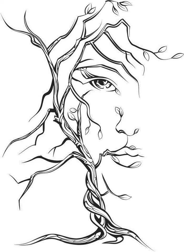 a drawing of a woman's face with tree branches growing out of her head