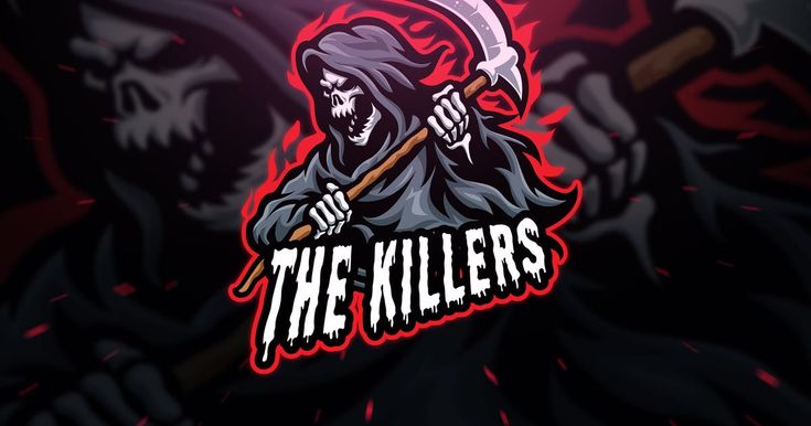 the killers logo on a dark background with red and black flames behind it,