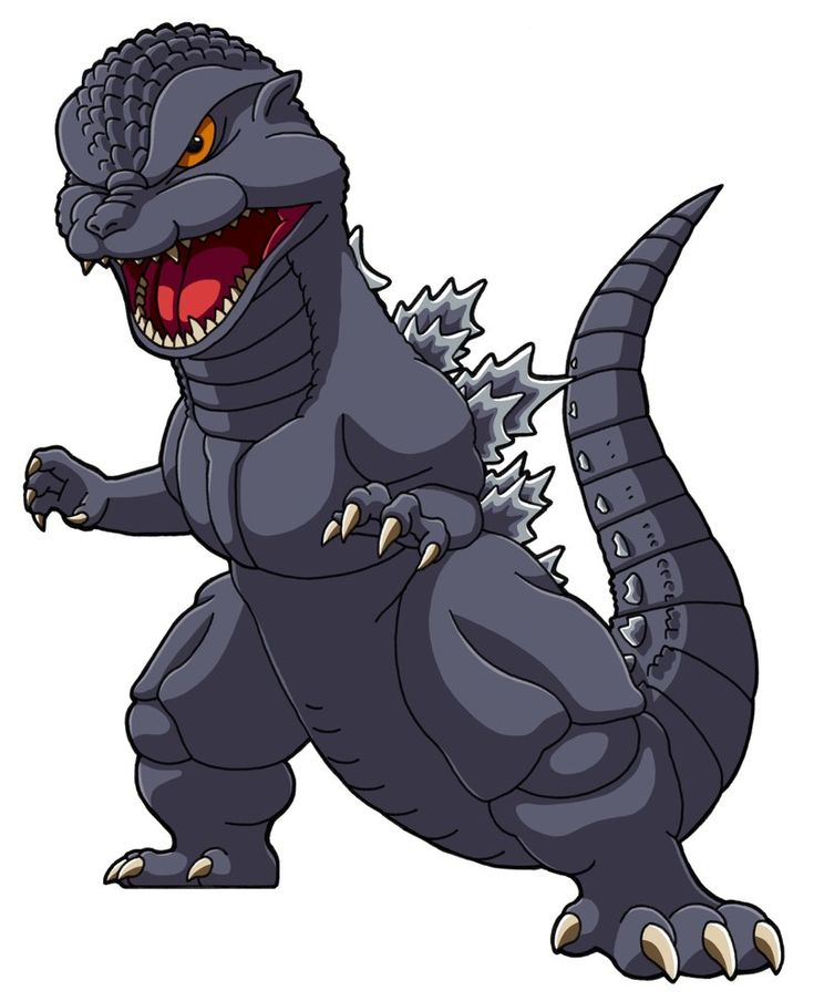 a cartoon godzilla with its mouth open and claws out, it's teeth are wide open