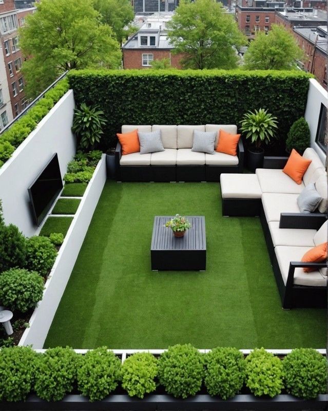 an outdoor living area with couches, tables and plants on top of the grass