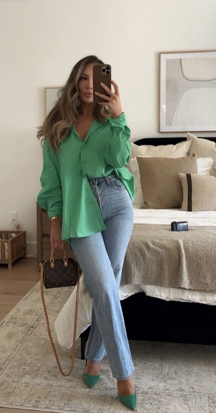 Jeans And Silk Top Outfit, Restaurant Wear Outfits, Candle Light Dinner Outfit For Women, Green Shirt Jeans Outfit, Jeans And Gym Shoes Outfits, Work Outfits With Green Pants, Classy Bootcut Jeans Outfit, Blue Jeans And Heels Outfit, Chic But Casual Outfits