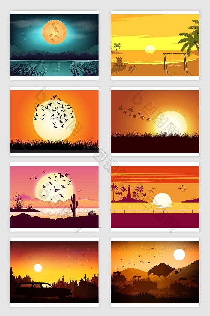 four different sunsets with palm trees and birds flying in the sky, one on top of