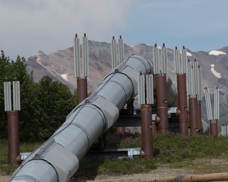 a large metal pipe sitting on top of a grass covered field next to tall mountains