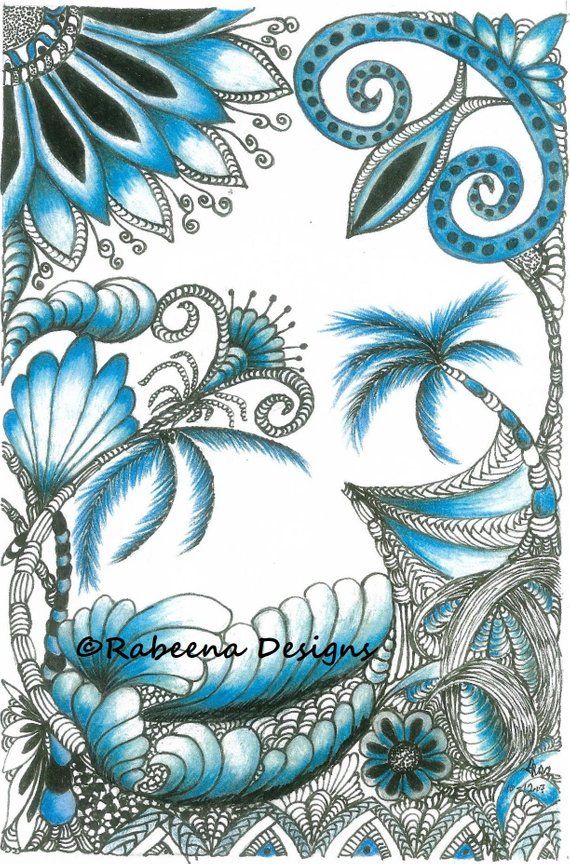 a drawing of blue flowers and swirls on white paper