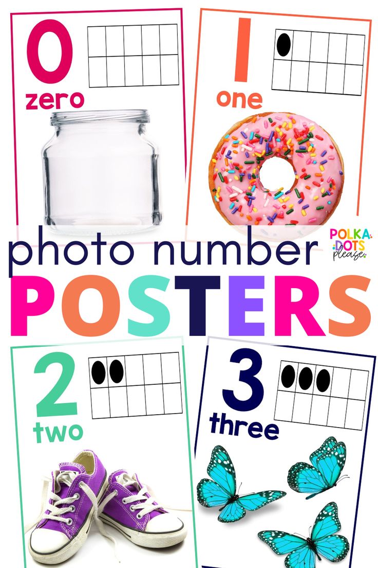 there are four posters with numbers and two different things in the same picture, one has a donut on it