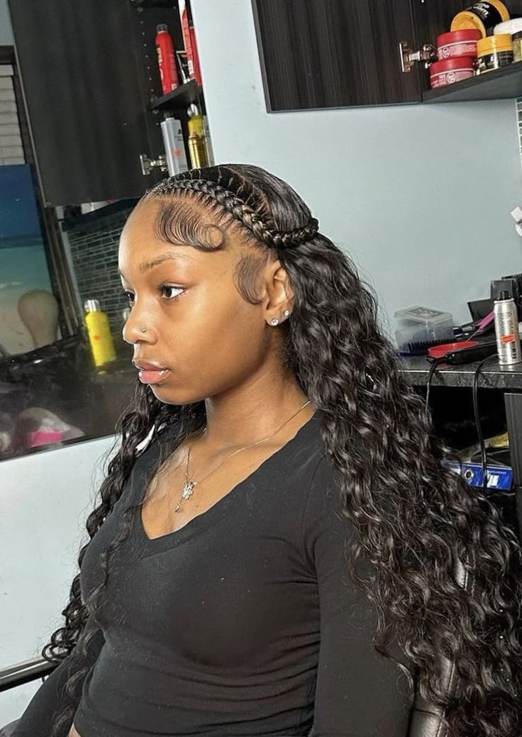 Added Weave Hairstyles, New Back To School Hairstyles, Two Braid Curly Wig, Prom Ideas Hairstyles, Quick Weave With Braids On The Side, Sew In Two Braids, 2 Braids With Sew In In The Back, Birthday Black Hairstyles, French Braids With Sew In Weave