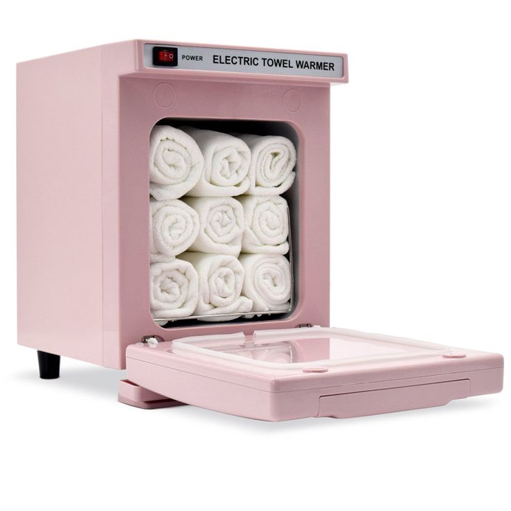 a pink electric towel warmer with six rolled towels in it