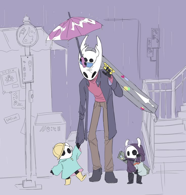 a man holding an umbrella next to two small pandas in front of a building