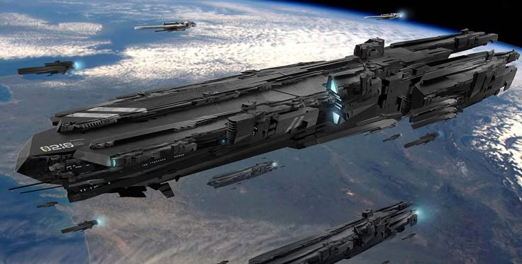 an artist's rendering of a space ship in the middle of some other ships