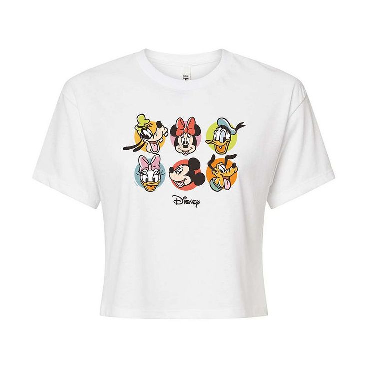 a white t - shirt with mickey mouse and other disney characters on the front, all in different colors