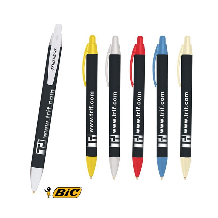 four different colored pens with the same logo on each pen, one is black and one is white