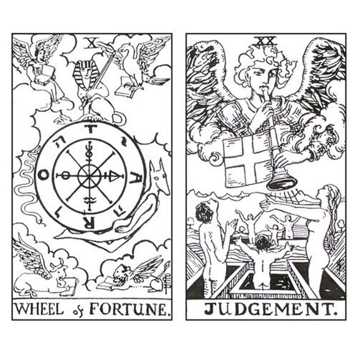 three taroti cards with the symbols for wheel of fortune and juggement