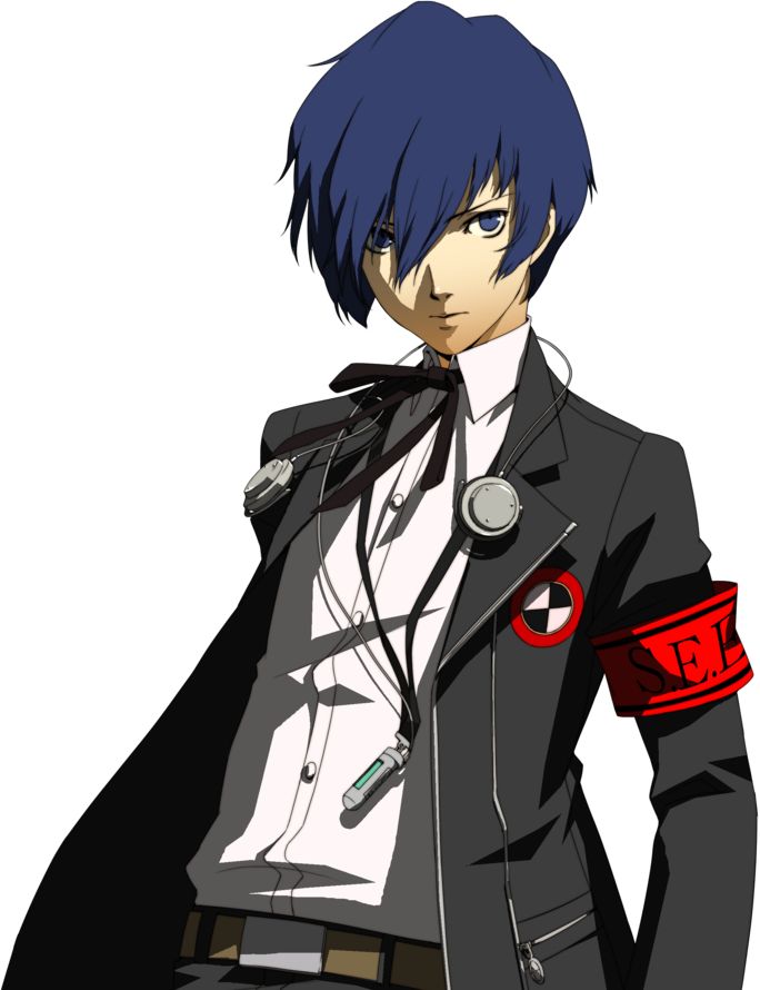 an anime character with blue hair wearing a black jacket and red cuffs, standing in front of