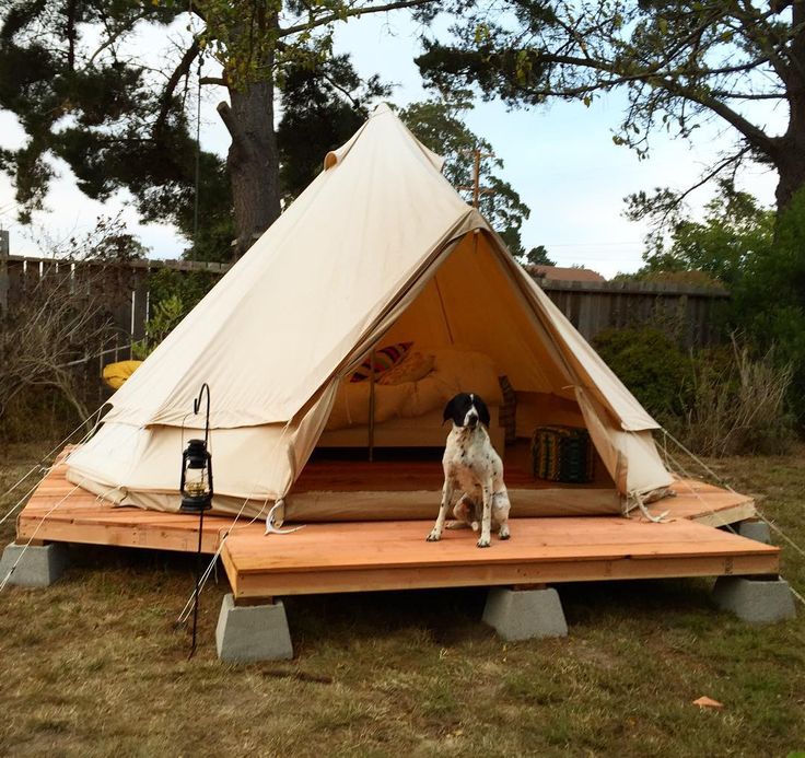 a dog sitting in front of a teepee tent on top of a wooden platform