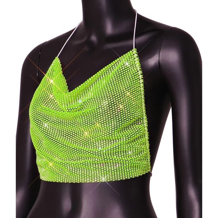 Neon rhinestone see through backless top. Trendy Party Tank Top With Built-in Bra, Summer Party Mesh Top With Built-in Bra, Green Stretch Tank Top For Party, Evening Backless Top With Built-in Bra, Chic Green Halter Top For Party, Y2k Tops With Built-in Bra For Night Out, Party Backless Halter Top With Built-in Bra, Sequined Crop Top For Club, Trendy Backless Tank Top For Parties