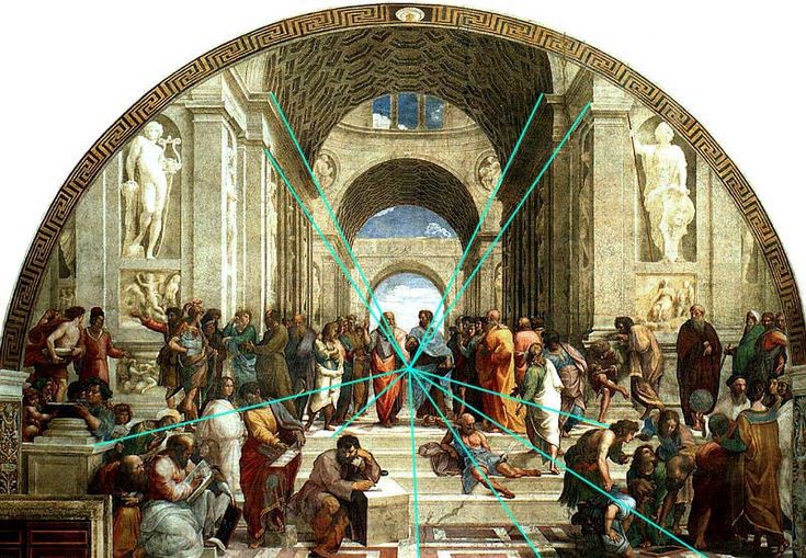 the painting depicts many people in an ancient building