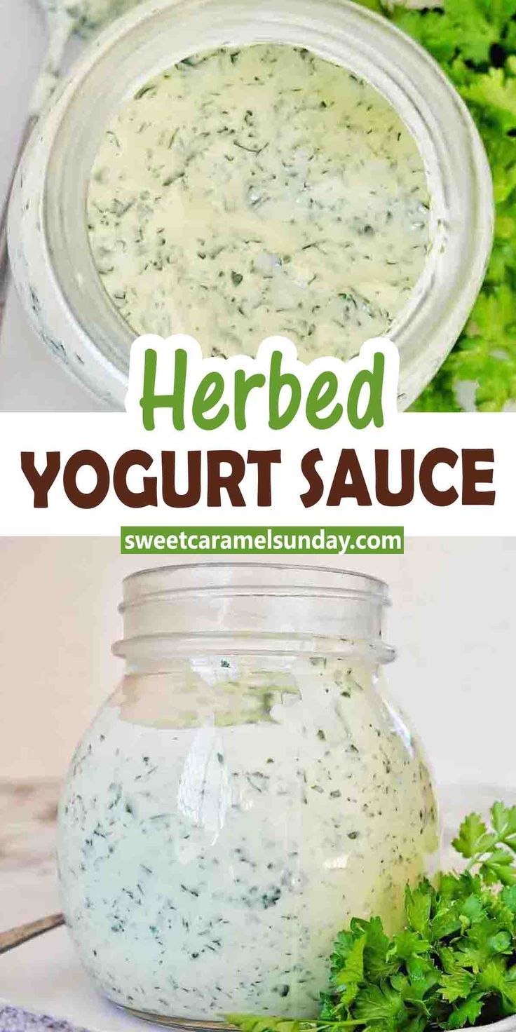 herb yogurt sauce in a jar with parsley on the side and an image of